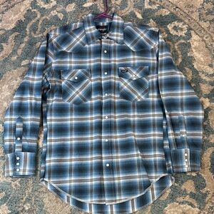 Wrangler Men's Casual Blue and White Plaid Shirt